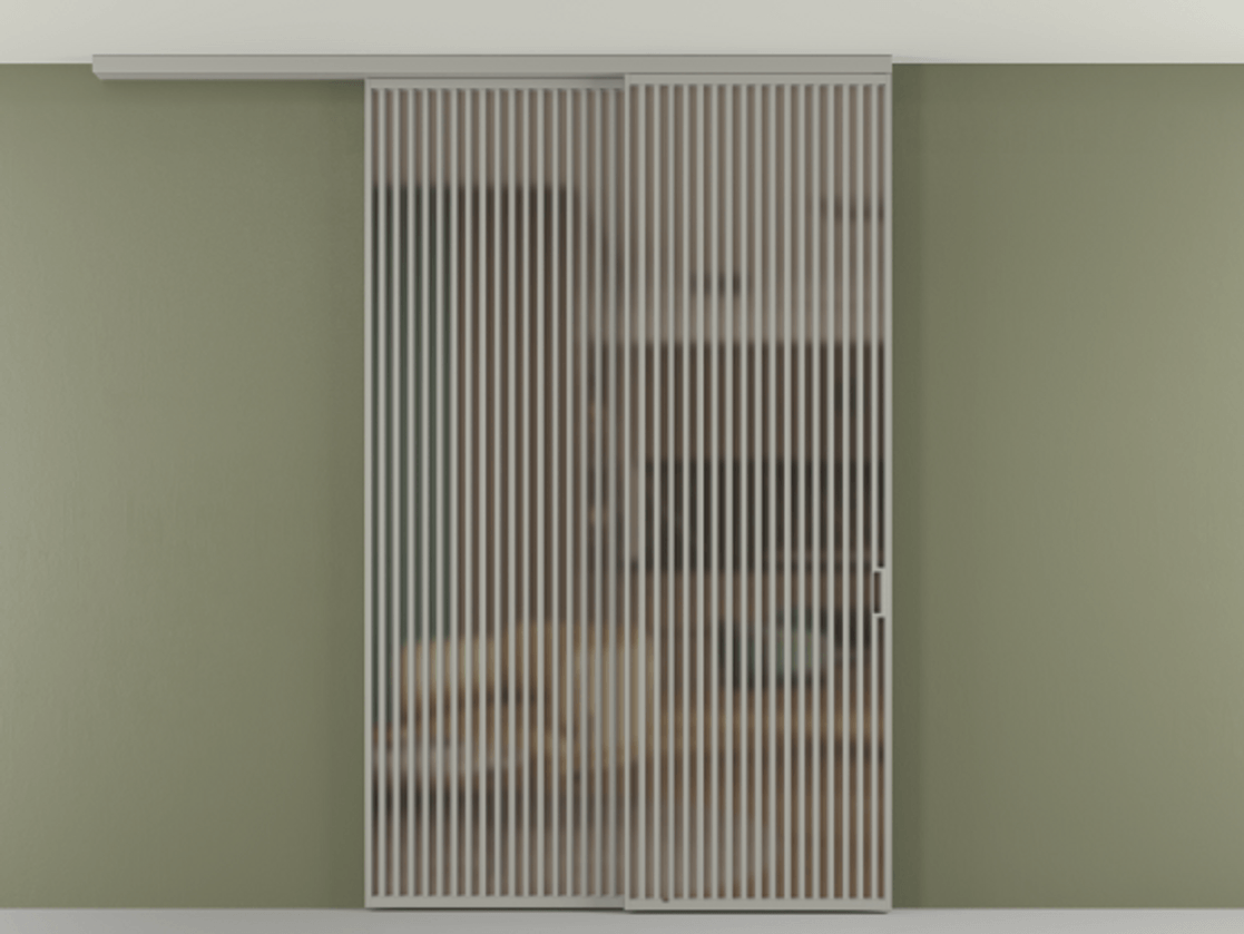 Перегородка Формато вдоль стены на потолок 2 створки с синхронным механизмом АЛПР 040.06 Алюминий нейтральный серый Сатинированное бронзовое стекло, триплекс Цена 655860 сом | Volhovec