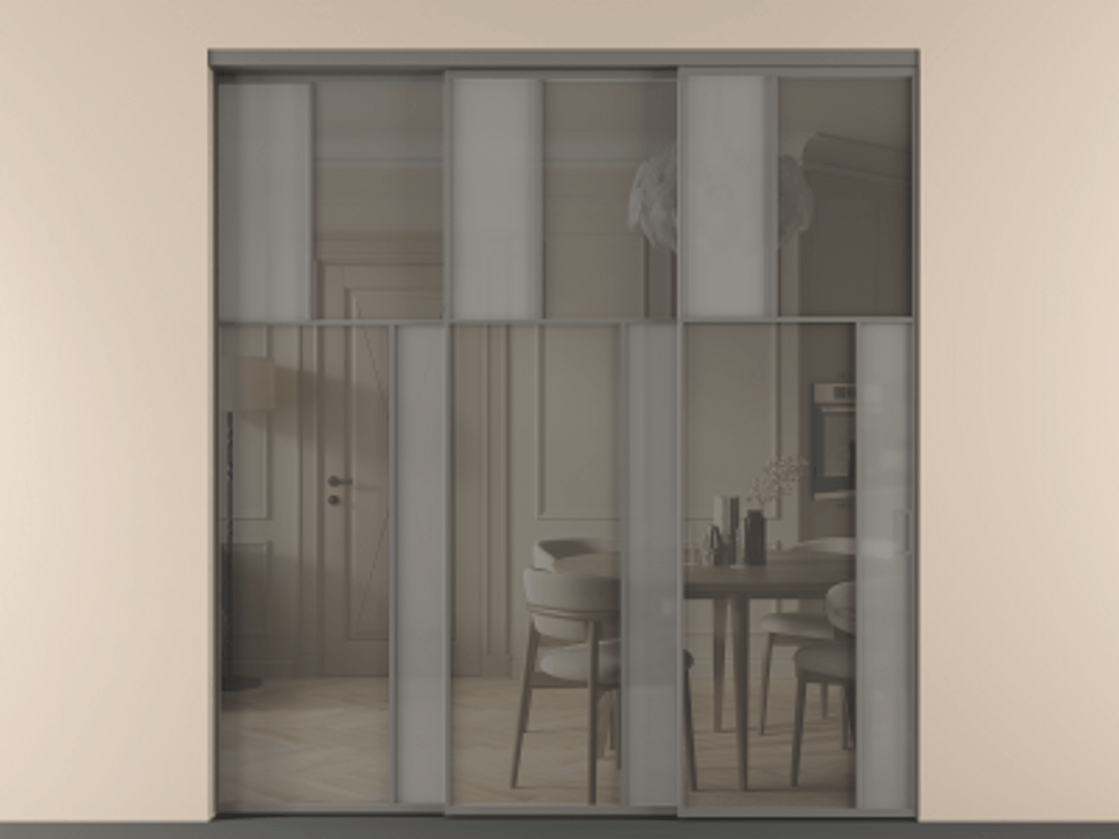 Перегородка Мозаик внутри проёма 3 створки с синхронным механизмом АЛПР 041.23 Алюминий классический серый Сатинированное серое стекло, триплекс, 6 мм + Прозрачное серое стекло, триплекс Цена 636840 сом | Volhovec