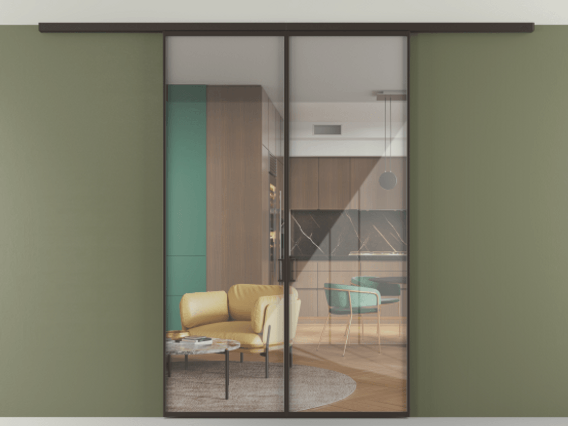 Перегородка Формато вдоль стены на потолок 2 створки АЛПР 040.01 Алюминий антрацит Рефлективное прозрачное стекло "Стопсол", калёное Цена 288540 сом | Volhovec