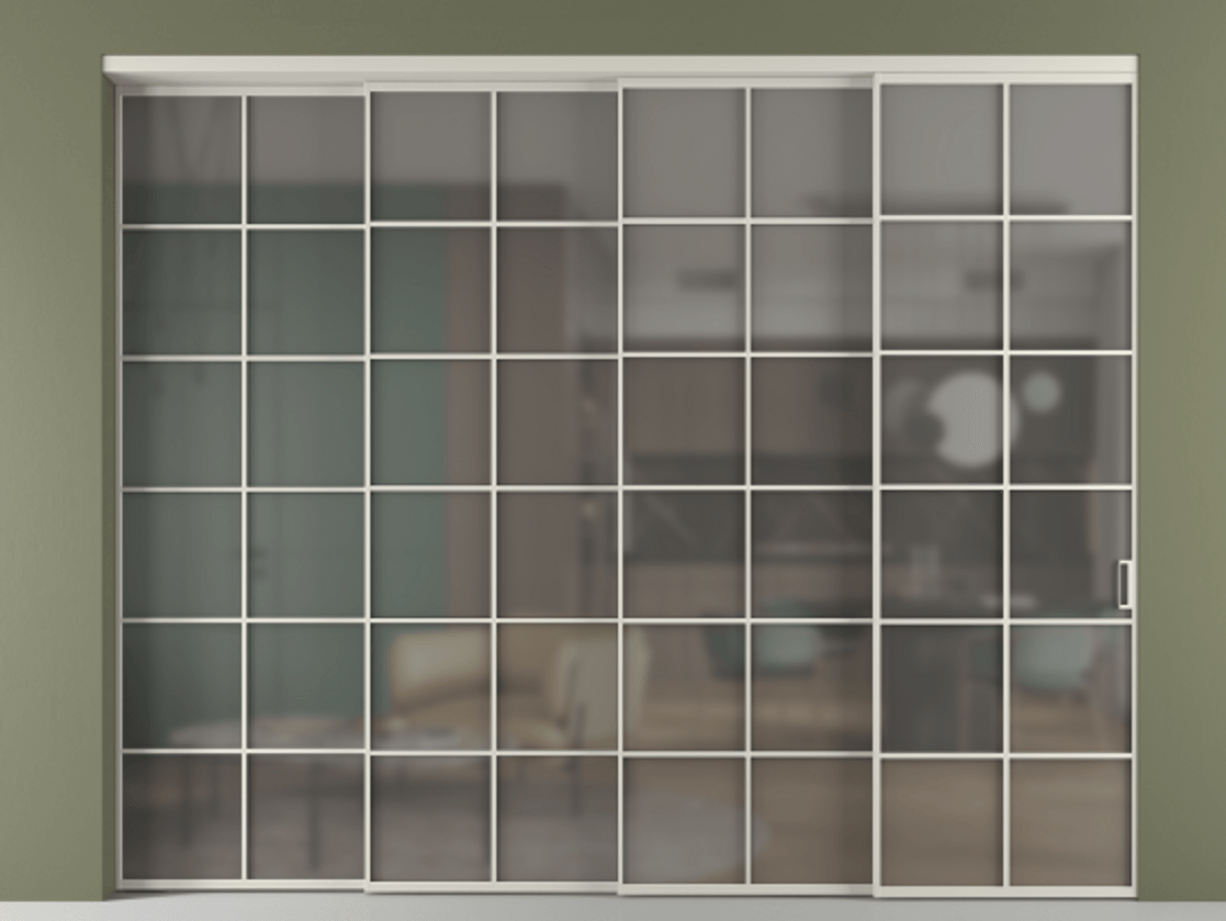 Перегородка Формато внутри проёма 4 створки с синхронным механизмом АЛПР 040.05 Алюминий тёплый серый Сатинированное серое стекло, триплекс. Цена 711520 сом 1. Полотно 4 шт. (800/2100 мм)
2. Комплект установки раздвижной системы
3. Базовый комплект фурнитуры
4. Комплект фурнитуры телескопик синхро-3
5. Ручка Рондо. Фабрика дверей Волховец 8 (800) 551 43 19 Перегородка Формато внутри проёма 4 створки с синхронным механизмом АЛПР 040.05 Алюминий тёплый серый Сатинированное серое стекло, триплекс Цена 711520 сом | Volhovec