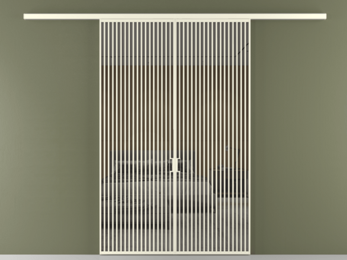 Перегородка Formato вдоль стены 2 створки АЛПР 040.06 Алюминий молочно-белый Рефлективное серое стекло "Stopsol", калёное Цена 647920 сом | Volhovec