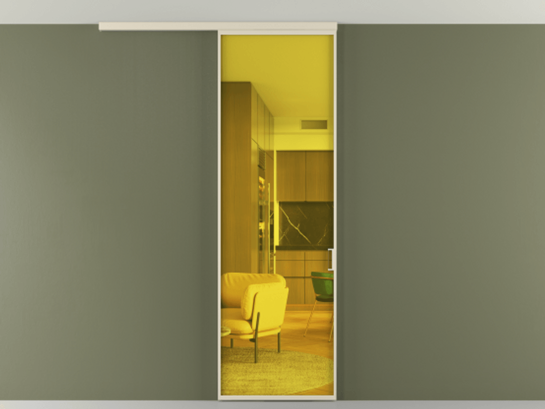 Перегородка Formato вдоль стены на потолок 1 створка АЛПР 040.01 Алюминий бежево-серый Прозрачное жёлтое стекло, триплекс Цена 140120 сом | Volhovec