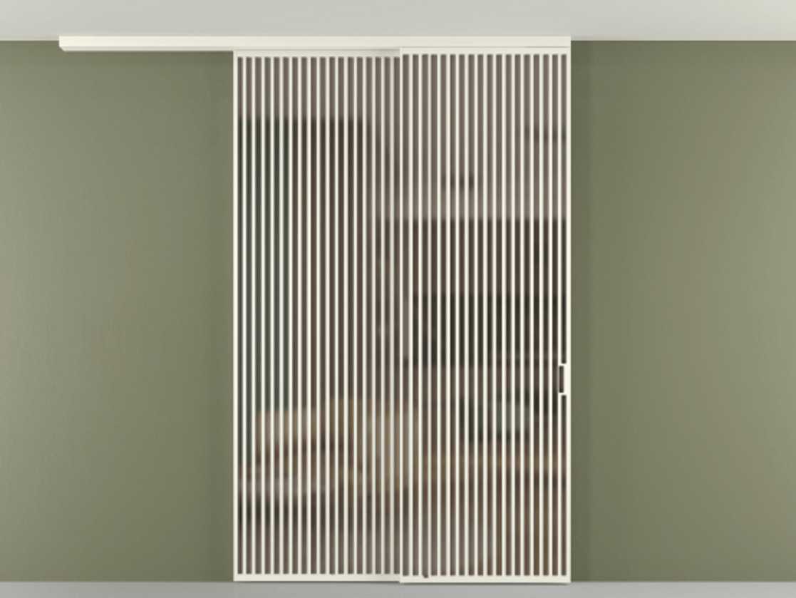 Перегородка Формато вдоль стены на потолок 2 створки с синхронным механизмом АЛПР 040.06 Алюминий жемчужный Сатинированное бронзовое стекло, триплекс Цена 655860 сом | Volhovec