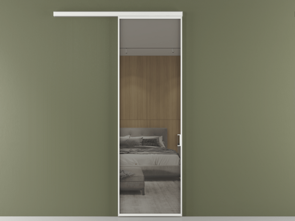 Перегородка Formato вдоль стены 1 створка АЛПР 040.01 Алюминий белоснежный Рефлективное серое стекло "Stopsol", калёное Цена 6450 AZE  | Volhovec