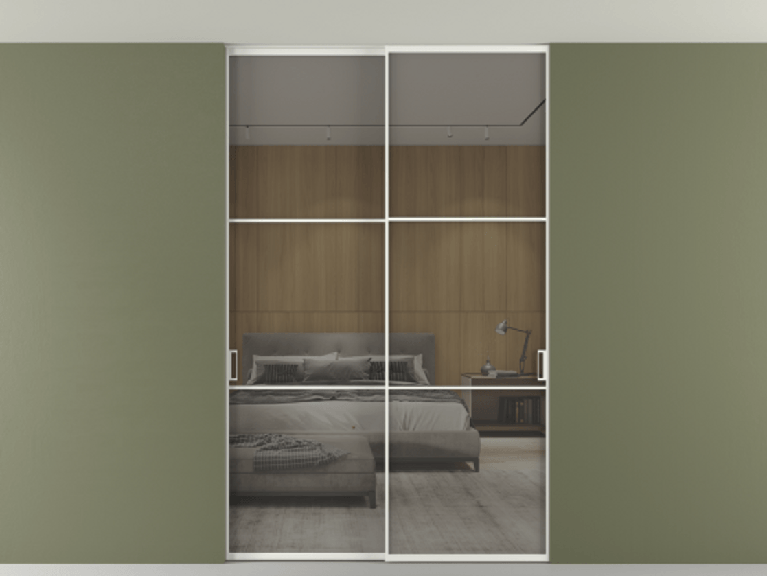 Перегородка Формато внутри проёма скрытое крепление в потолок 2 створки АЛПР 040.03 Алюминий светло-серый Рефлективное серое стекло "Стопсол", калёное Цена 444840 сом | Volhovec