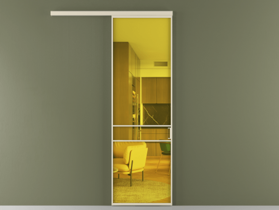 Межкомнатная дверь New Перегородка Formato вдоль стены одностворчатая АЛПР 040.02 Алюминий бежево-серый Прозрачное жёлтое стекло, триплекс Цена 166130  | Volhovec