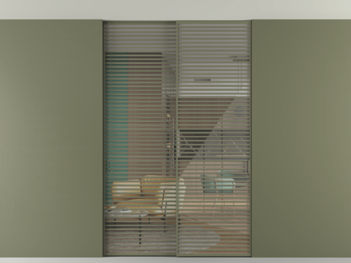 Перегородка Формато внутри проёма скрытое крепление в потолок 2 створки АЛПР 040.07 Алюминий оливковый тёмный Рефлективное прозрачное стекло "Стопсол", калёное Цена 521120 ₽ | Volhovec