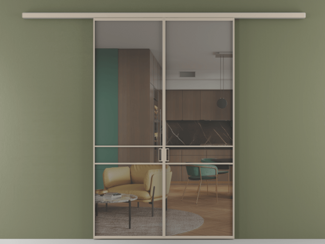 Перегородка Формато вдоль стены 2 створки АЛПР 040.02 Алюминий бисквитный Прозрачное серое стекло, триплекс Цена 284580 сом | Volhovec