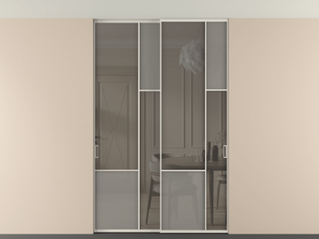 Перегородка Мозаик внутри проёма скрытое крепление в потолок 2 створки АЛПР 041.12 Алюминий облачно-серый Сатинированное серое стекло, триплекс, 6 мм + Прозрачное серое стекло, триплекс Цена 472590 сом | Volhovec