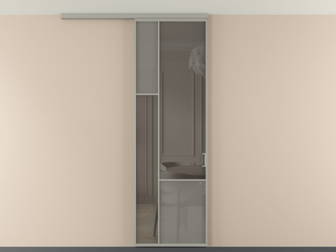 Перегородка Мозаик вдоль стены на потолок 1 створка АЛПР 041.13 Алюминий нейтральный серый Сатинированное серое стекло, триплекс, 6 мм + Прозрачное серое стекло, триплекс Цена 196620 сом | Volhovec