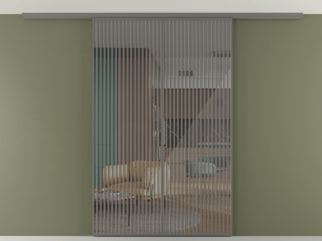 Перегородка Формато вдоль стены на потолок 2 створки АЛПР 040.06 Алюминий классический серый Рефлективное прозрачное стекло "Стопсол", калёное Цена 19820 AZE | Volhovec