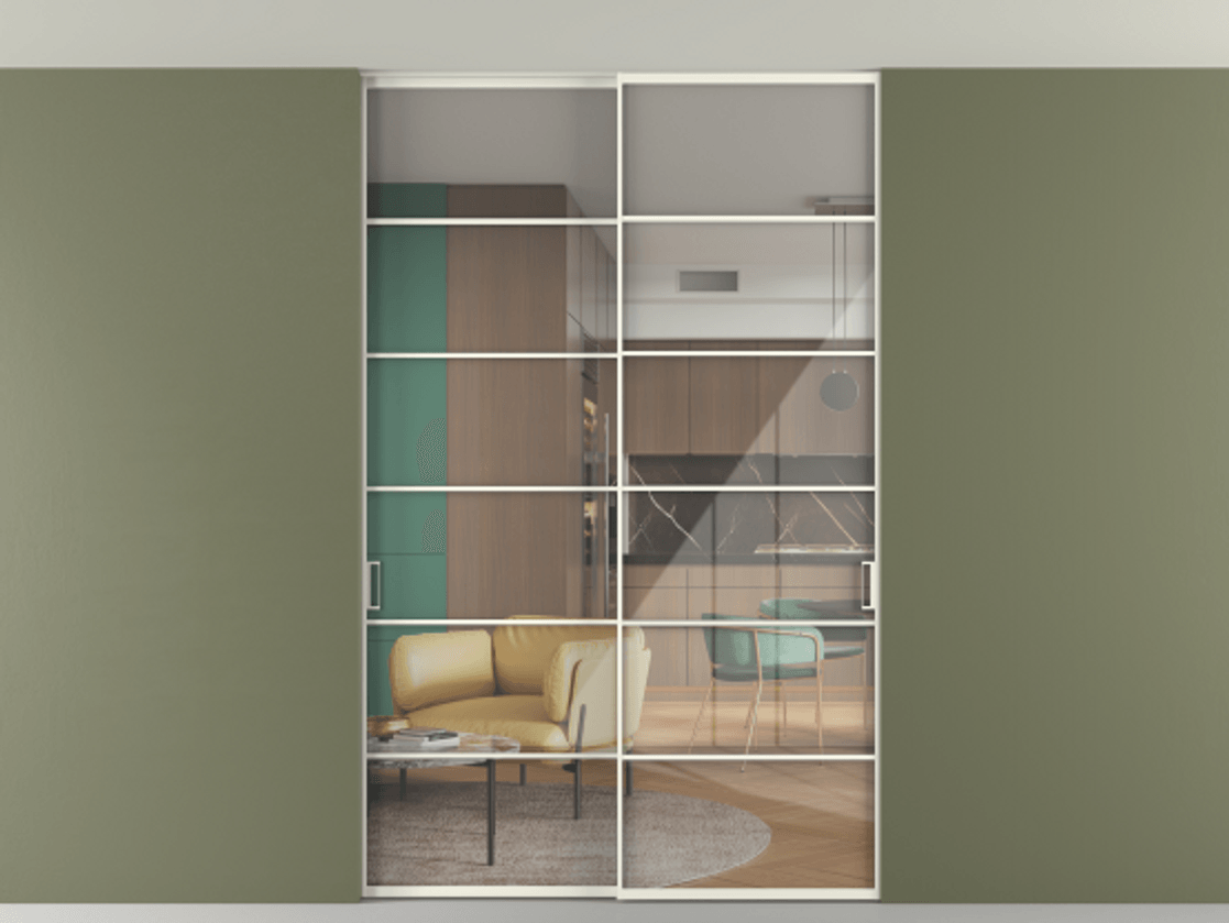 Перегородка Формато внутри проёма скрытое крепление в потолок 2 створки АЛПР 040.04 Алюминий жемчужный Рефлективное прозрачное стекло "Стопсол", калёное Цена 469820 сом | Volhovec