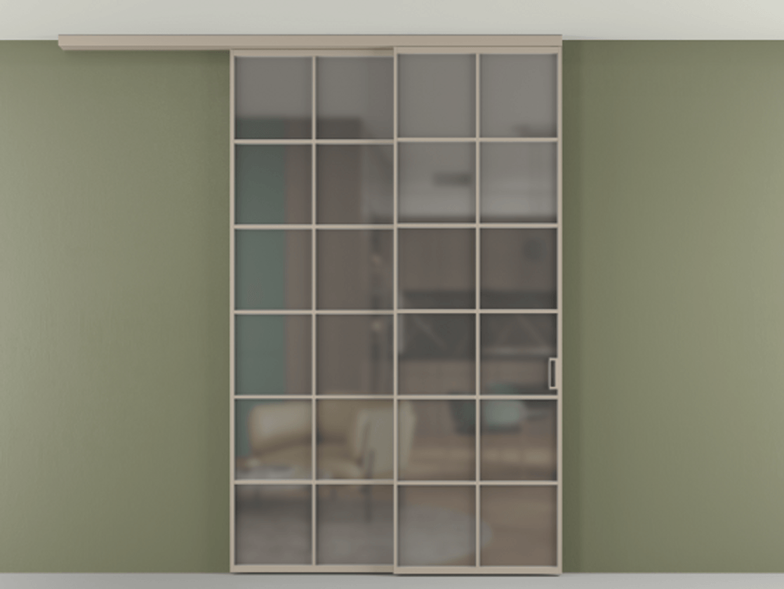 Перегородка Формато вдоль стены на потолок 2 створки с синхронным механизмом АЛПР 040.05 Алюминий бисквитный Сатинированное серое стекло, триплекс Цена 424720 сом | Volhovec