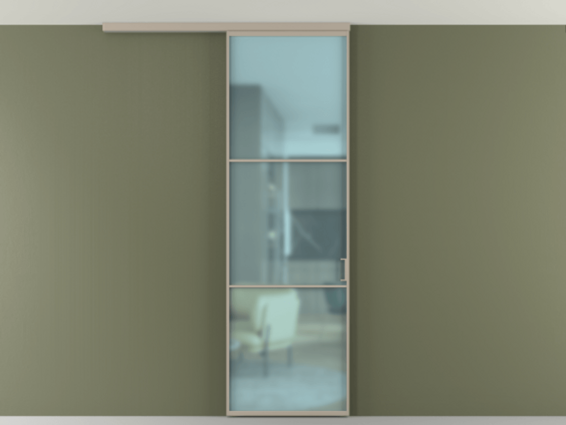 Перегородка Формато вдоль стены на потолок 1 створка АЛПР 040.03 Алюминий бисквитный Сатинированное голубое стекло, триплекс Цена 147040 сом | Volhovec