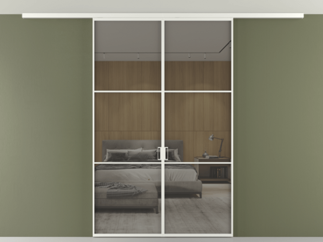 Перегородка Формато вдоль стены на потолок 2 створки АЛПР 040.03 Алюминий светло-серый Рефлективное серое стекло "Стопсол", калёное Цена 355150 сом | Volhovec