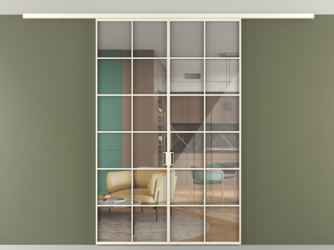 Перегородка Формато вдоль стены на потолок 2 створки АЛПР 040.05 Алюминий молочно-белый Рефлективное прозрачное стекло "Стопсол", калёное Цена 322360 сом | Volhovec