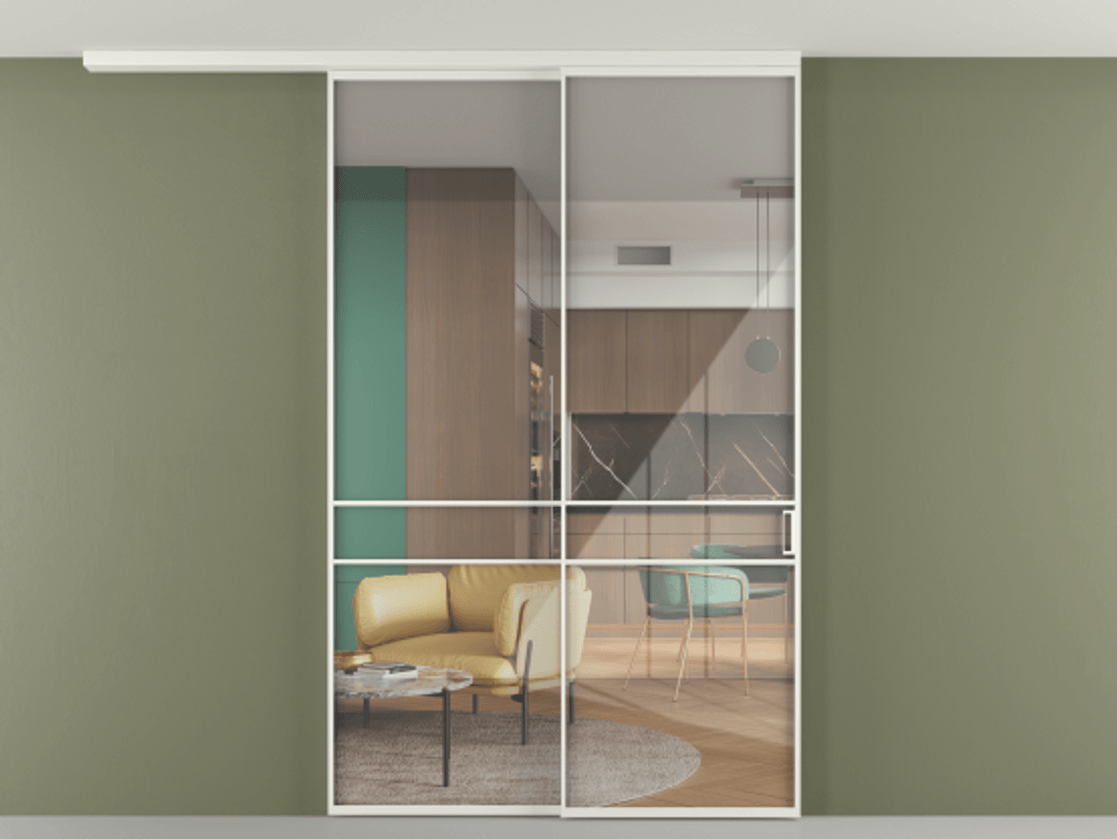 Перегородка Формато вдоль стены на потолок 2 створки с синхронным механизмом АЛПР 040.02 Алюминий светло-серый Рефлективное прозрачное стекло "Стопсол", калёное Цена 476140 сом | Volhovec