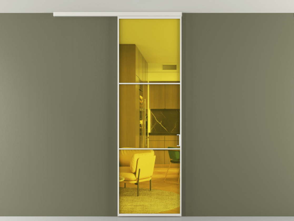 Перегородка Формато вдоль стены на потолок 1 створка АЛПР 040.03 Алюминий серый Прозрачное жёлтое стекло, триплекс Цена 141020 сом | Volhovec