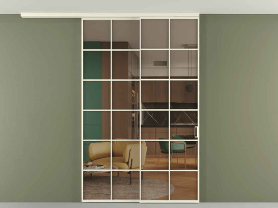 Перегородка Формато вдоль стены на потолок 2 створки с синхронным механизмом АЛПР 040.05 Алюминий молочно-белый Прозрачное бронзовое стекло, триплекс Цена 424720 сом | Volhovec