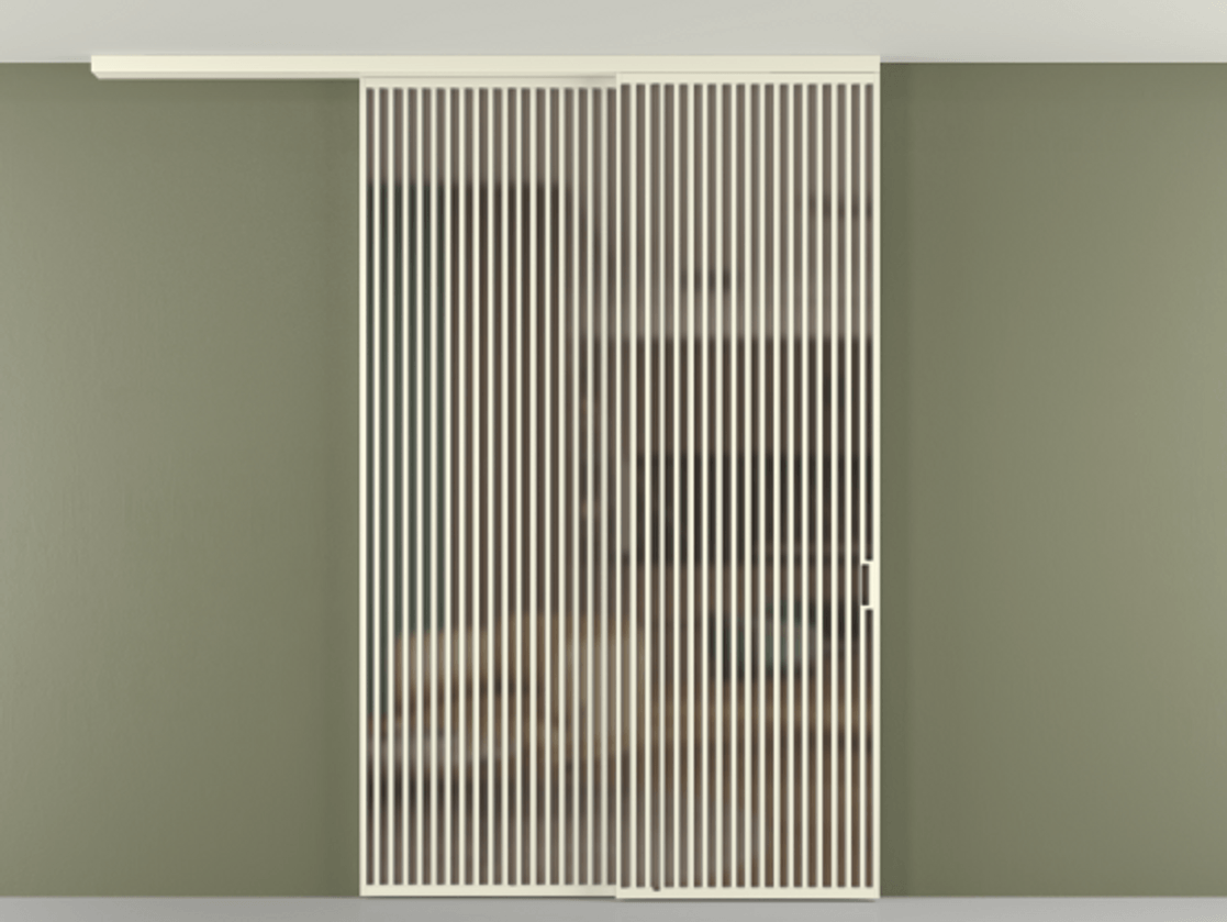 Перегородка Формато вдоль стены на потолок 2 створки с синхронным механизмом АЛПР 040.06 Алюминий молочно-белый Сатинированное бронзовое стекло, триплекс Цена 655860 сом | Volhovec