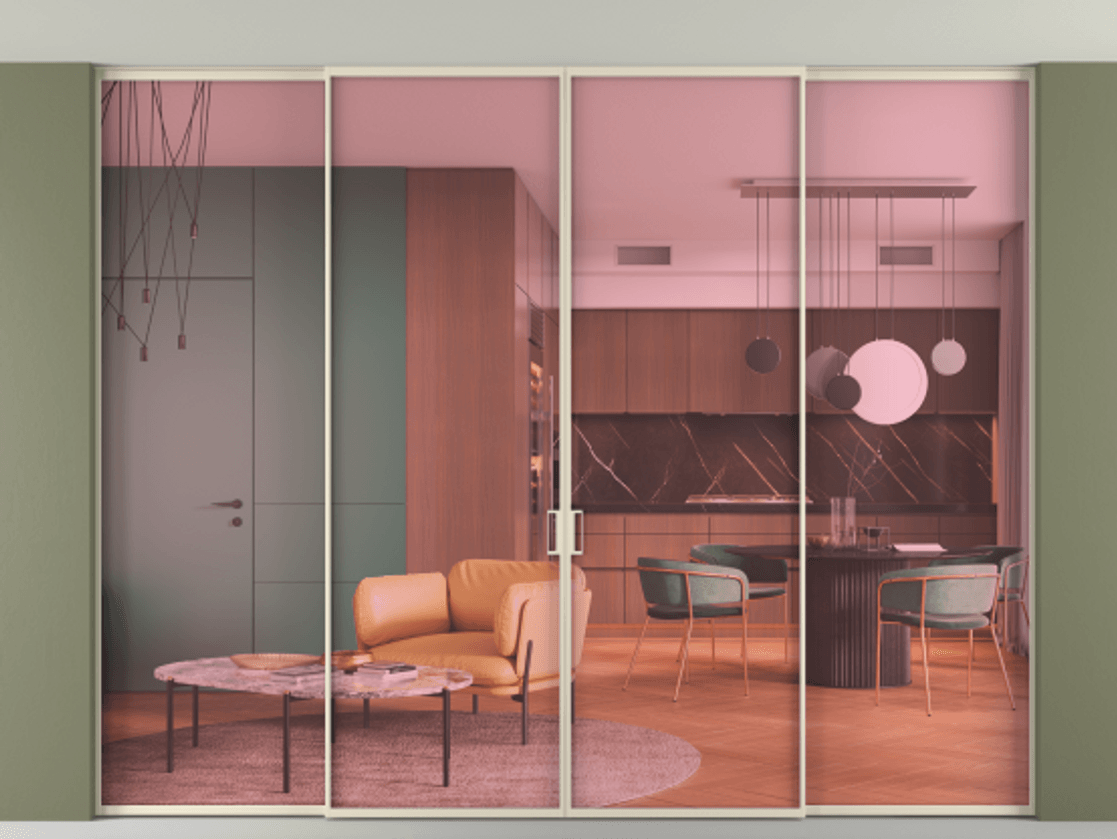 Перегородка Formato внутри проёма скрытое крепление в потолок 4 створки АЛПР 040.01 Алюминий бежево-серый Прозрачное розовое стекло, триплекс Цена 727100 сом | Volhovec