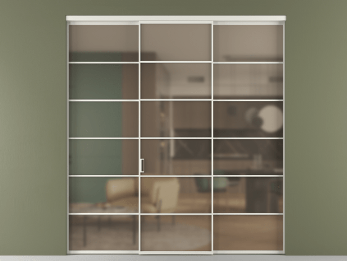 Перегородка Formato внутри проёма 3 створки АЛПР 040.04 Алюминий серый Сатинированное бронзовое стекло, триплекс Цена 254825 ₽ | Volhovec