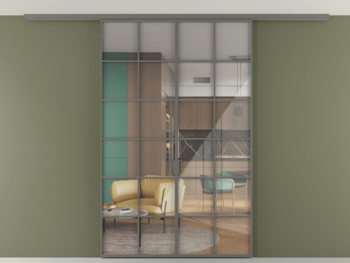 Перегородка Формато вдоль стены на потолок 2 створки АЛПР 040.05 Алюминий классический серый Рефлективное прозрачное стекло "Стопсол", калёное Цена 322360 сом | Volhovec