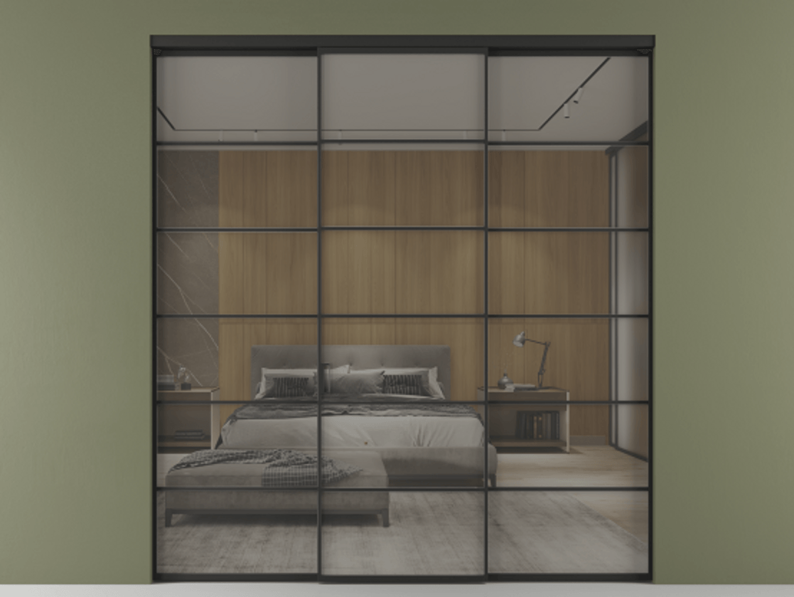 Перегородка Formato внутри проёма 3 створки АЛПР 040.04 Алюминий Черный Рефлективное серое стекло "Stopsol", калёное Цена 477280 сом | Volhovec