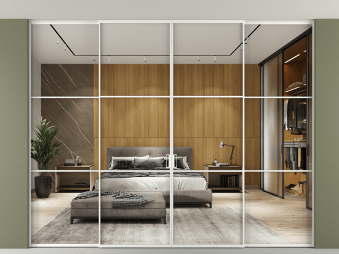 Перегородка Формато внутри проёма скрытое крепление в потолок 4 створки АЛПР 040.03 Алюминий светло-серый Двустороннее зеркало, триплекс , триплекс 6 мм Цена 641410 сом | Volhovec