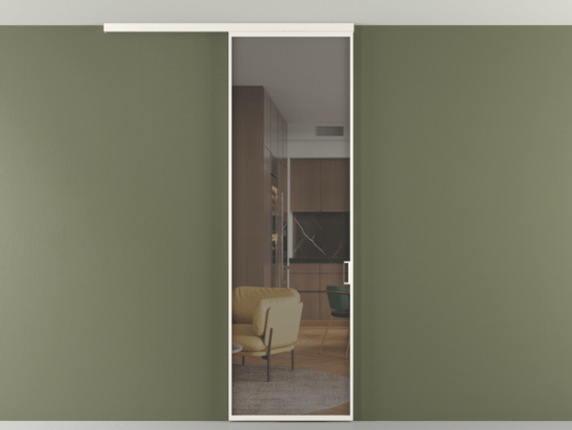 Перегородка Формато вдоль стены на потолок 1 створка АЛПР 040.01 Алюминий пудровый белый Прозрачное серое стекло, триплекс Цена 134540 сом | Volhovec