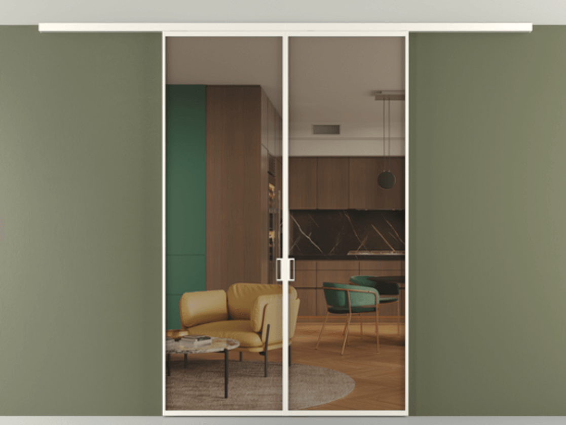 Перегородка Формато вдоль стены на потолок 2 створки АЛПР 040.01 Алюминий пудровый белый Прозрачное бронзовое стекло, триплекс Цена 314550 сом | Volhovec