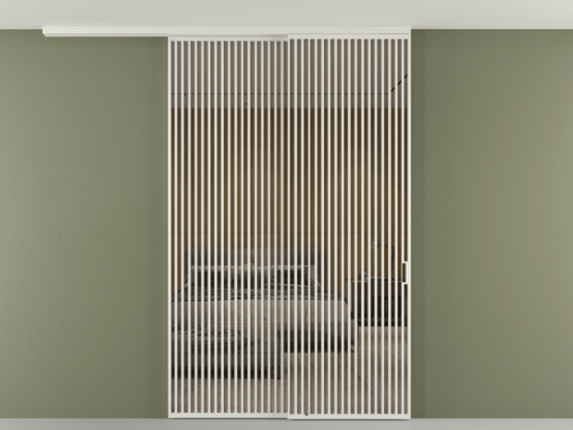 Перегородка Формато вдоль стены на потолок 2 створки с синхронным механизмом АЛПР 040.06 Алюминий серый Рефлективное бронзовое стекло "Стопсол", калёное Цена 674501 сом | Volhovec