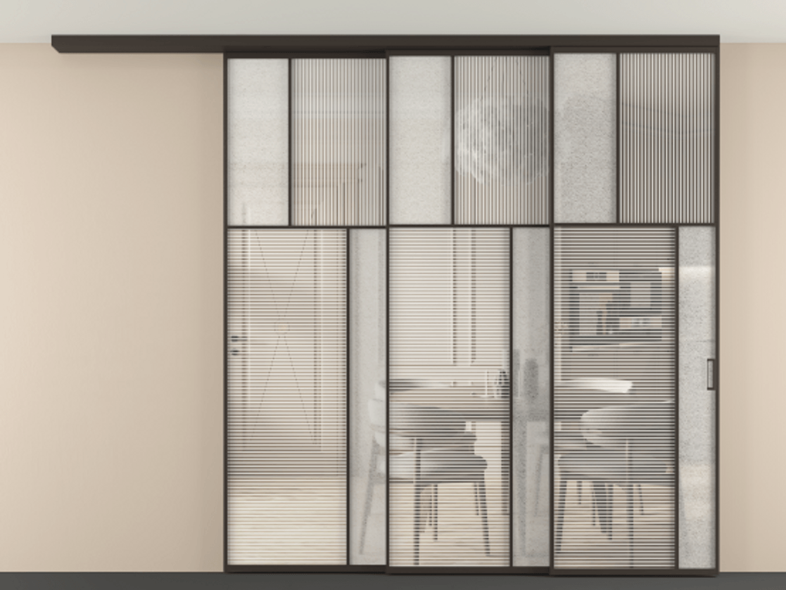 Перегородка Мозаик вдоль стены на потолок 3 створки с синхронным механизмом АЛПР 041.23 Алюминий антрацит Рифлёное стекло "Дюна", триплекс, 6 мм + Фактурное стекло "Лёд", триплекс Цена 760790 сом | Volhovec