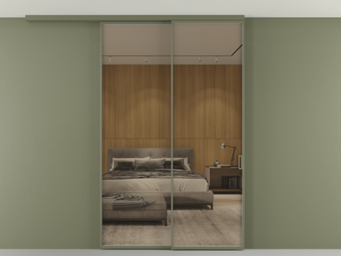 Перегородка Формато вдоль стены на потолок 2 створки с синхронным механизмом АЛПР 040.01 Алюминий оливковый тёмный Рефлективное бронзовое стекло "Стопсол", калёное Цена 458840 сом | Volhovec