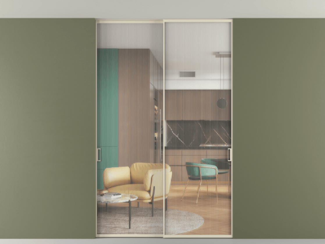 Перегородка Формато внутри проёма скрытое крепление в потолок 2 створки АЛПР 040.01 Алюминий бежево-серый Рифлёное стекло "Мору", триплекс Цена 365900 сом | Volhovec