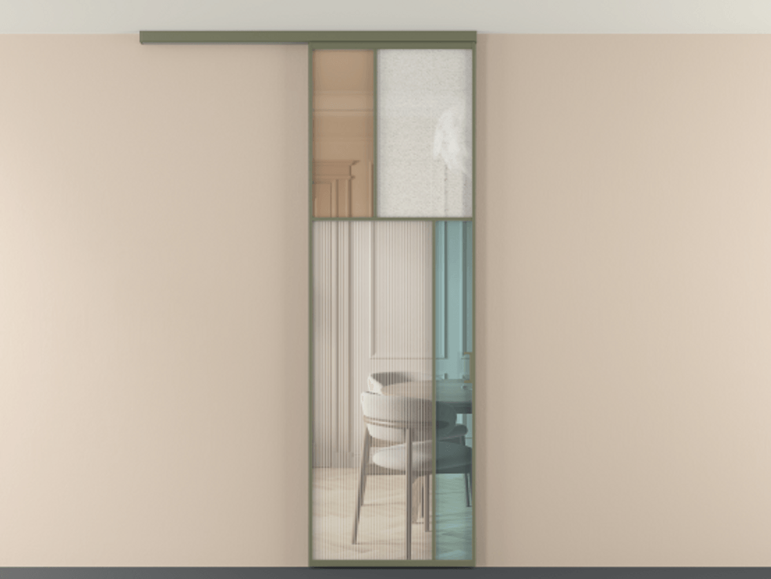 Перегородка Mosaic вдоль стены на потолок 1 створка АЛПР 041.23 Алюминий оливковый тёмный Комбинация стекол Группы 1 и Группы 3 Цена 205350 сом | Volhovec