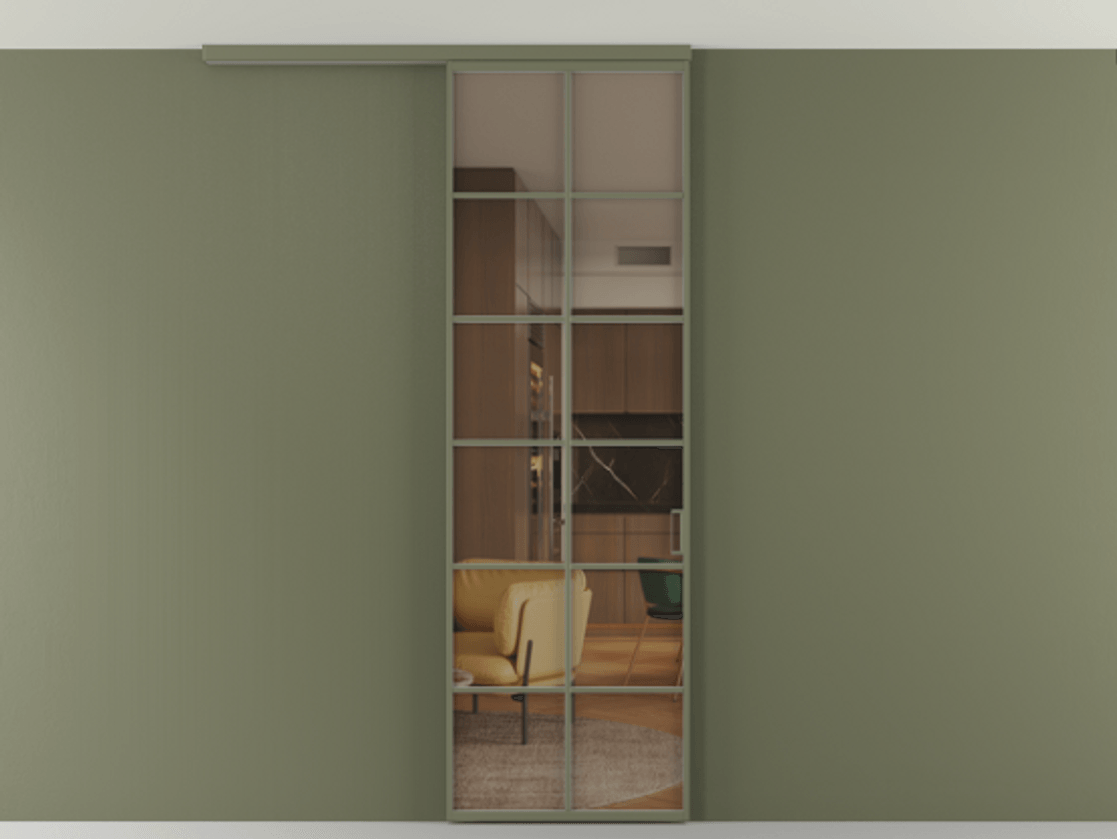 Перегородка Формато вдоль стены на потолок 1 створка АЛПР 040.05 Алюминий оливковый тёмный Прозрачное бронзовое стекло, триплекс Цена 183590 сом | Volhovec