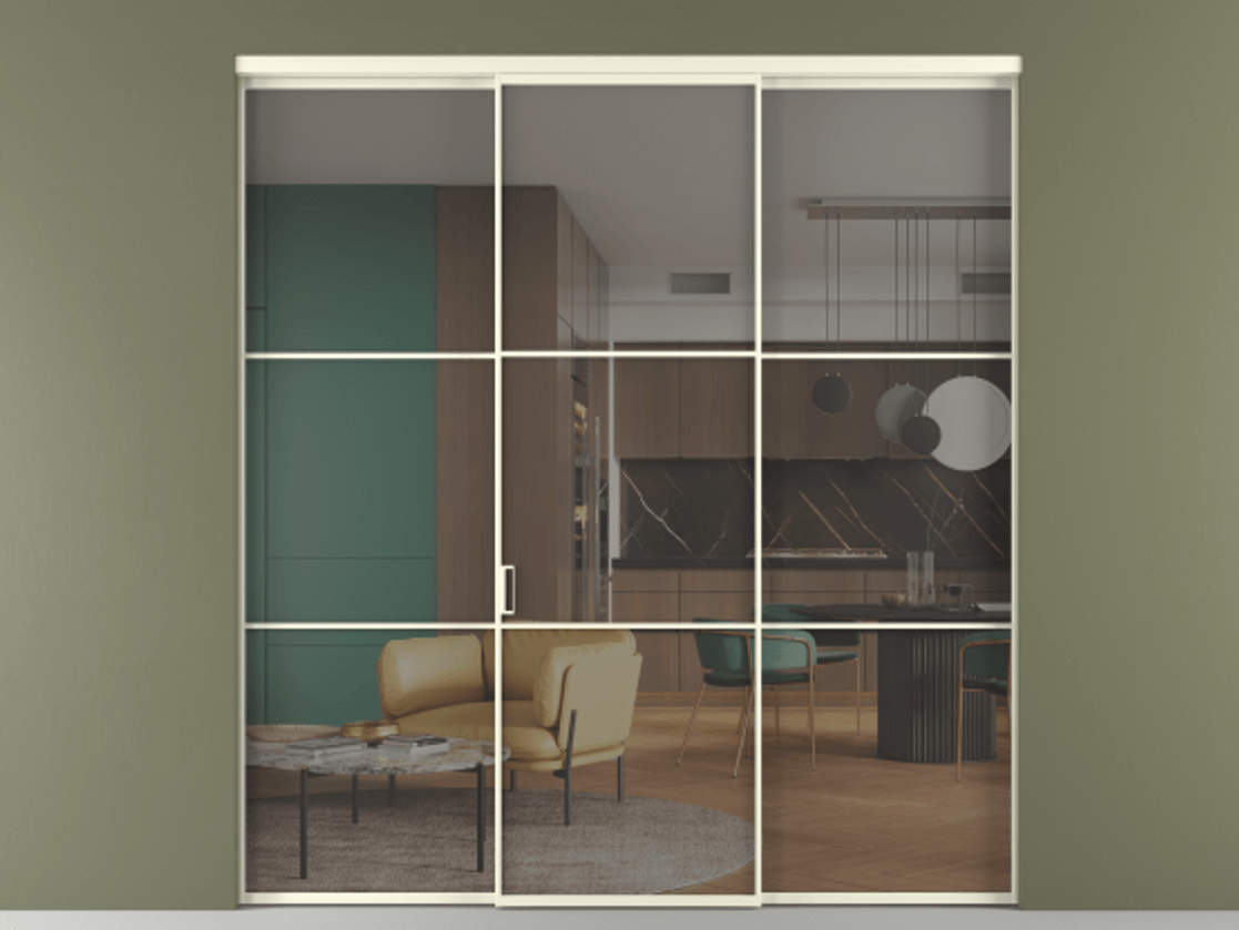 Перегородка Формато внутри проёма 3 створки АЛПР 040.03 Алюминий молочно-белый Прозрачное серое стекло, триплекс Цена 345470 сом | Volhovec