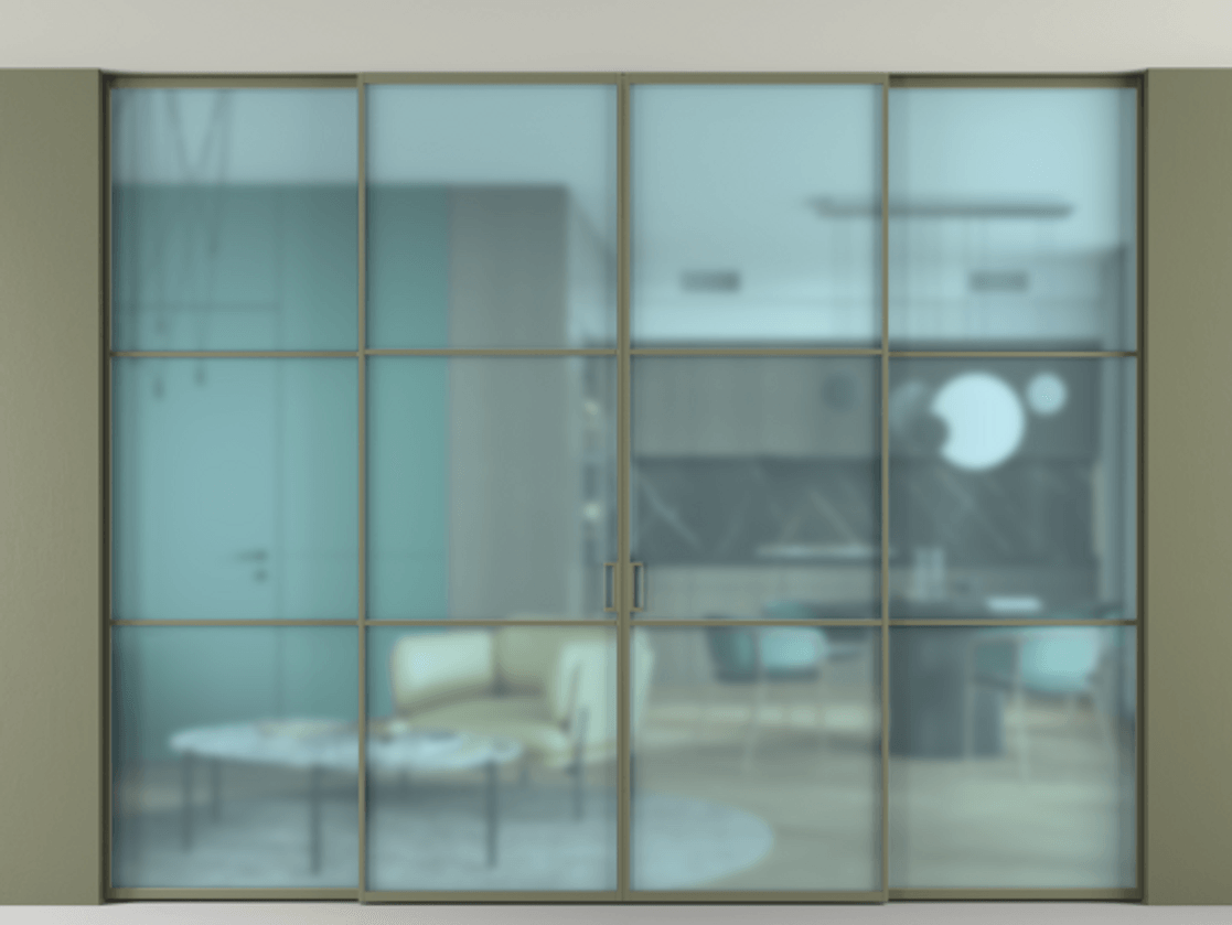 Перегородка Formato внутри проёма скрытое крепление в потолок 4 створки АЛПР 040.03 Алюминий оливковый тёмный Сатинированное голубое стекло, триплекс Цена 665470 сом | Volhovec