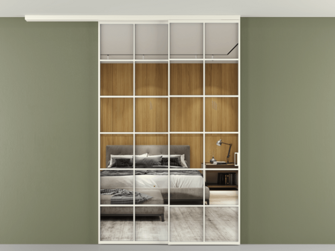 Перегородка Формато вдоль стены на потолок 2 створки с синхронным механизмом АЛПР 040.05 Алюминий жемчужный Двустороннее зеркало, триплекс , триплекс 6 мм Цена 477830 сом | Volhovec