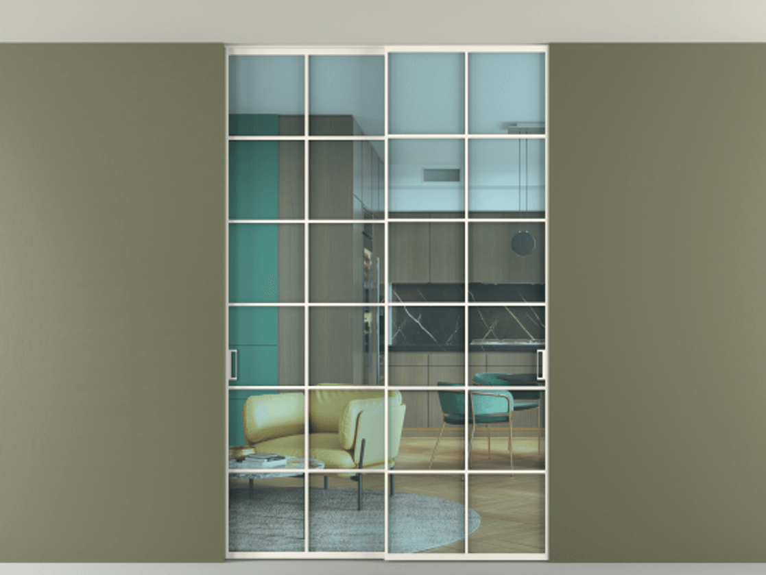 Перегородка Формато внутри проёма скрытое крепление в потолок 2 створки АЛПР 040.05 Алюминий пудровый белый Прозрачное голубое стекло, триплекс Цена 380140 сом | Volhovec