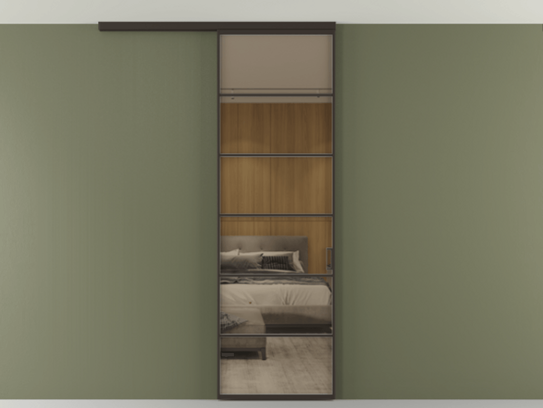 Перегородка Формато вдоль стены на потолок 1 створка АЛПР 040.04 Алюминий антрацит Рефлективное бронзовое стекло "Стопсол", калёное Цена 166351 сом | Volhovec