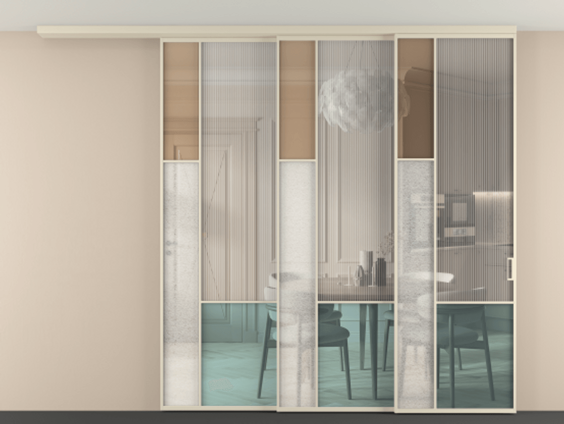 Перегородка Mosaic вдоль стены на потолок 3 створки с синхронным механизмом АЛПР 041.13 Алюминий бежево-серый Комбинация стекол Группы 1 и Группы 3 Цена 752050 сом | Volhovec