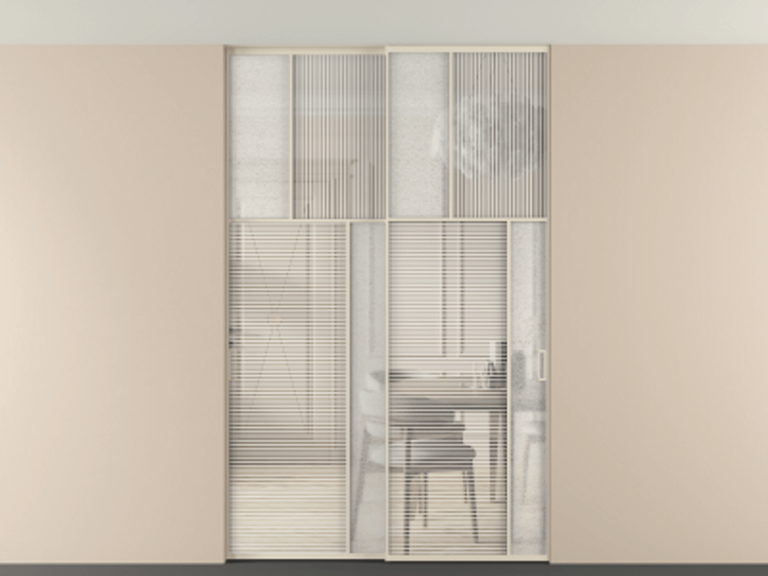 Перегородка Мозаик внутри проёма скрытое крепление в потолок 2 створки АЛПР 041.23 Алюминий бежево-серый Рифлёное стекло "Дюна", триплекс, 6 мм + Фактурное стекло "Лёд", триплекс Цена 495880 сом | Volhovec