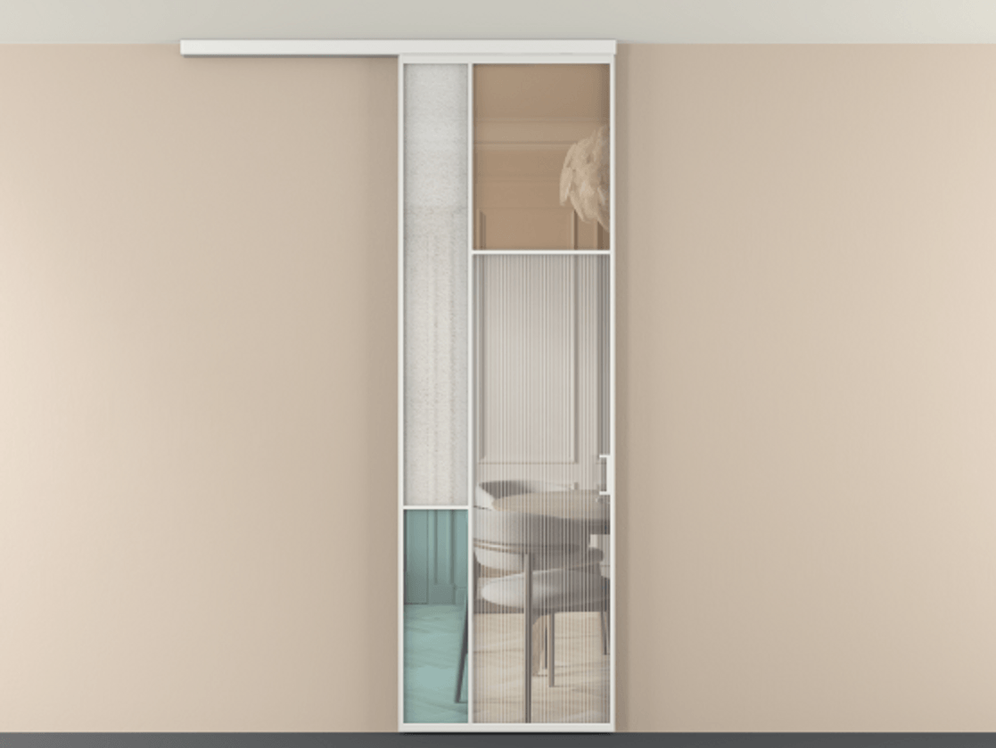 Перегородка Mosaic вдоль стены на потолок 1 створка АЛПР 041.11 Алюминий белоснежный Комбинация стекол Группы 1 и Группы 3 Цена 205350 сом | Volhovec