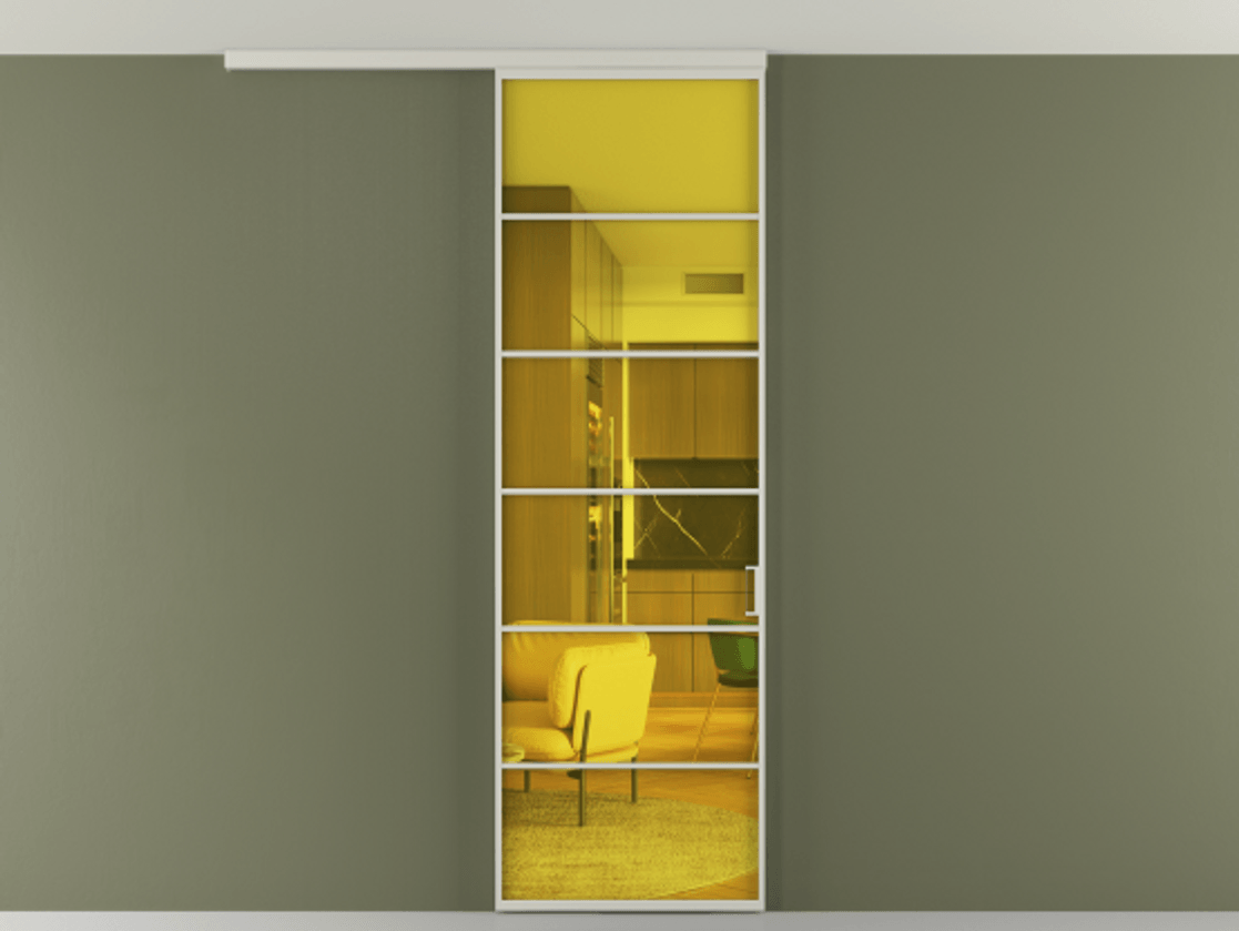 Перегородка Formato вдоль стены на потолок 1 створка АЛПР 040.04 Алюминий тёплый серый Прозрачное жёлтое стекло, триплекс Цена 183590 сом | Volhovec