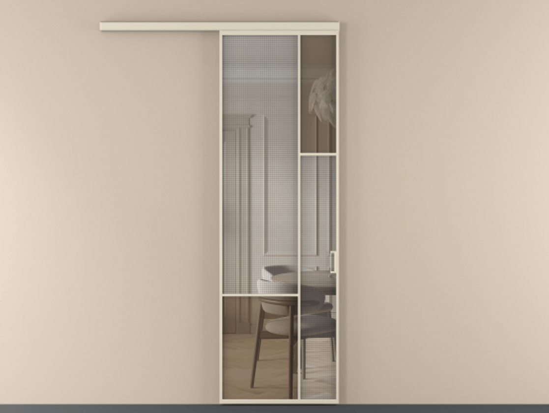 Перегородка Mosaic вдоль стены 1 створка АЛПР 041.12 Алюминий бежево-серый Декоративное стекло с сеткой "Mesh silver", триплекс, 6 мм + Прозрачное бронзовое стекло, триплекс Цена 208250 сом | Volhovec