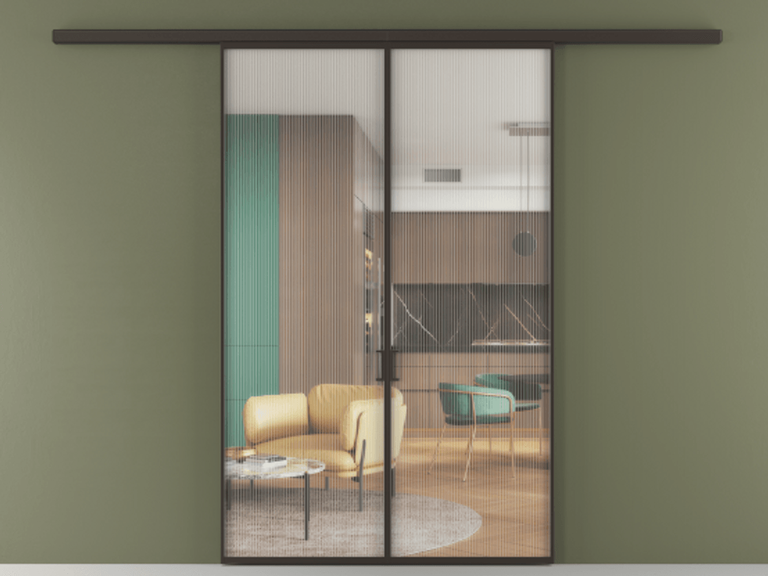 Перегородка Формато вдоль стены 2 створки АЛПР 040.01 Алюминий антрацит Рифлёное стекло "Мору", триплекс Цена 290250 сом | Volhovec