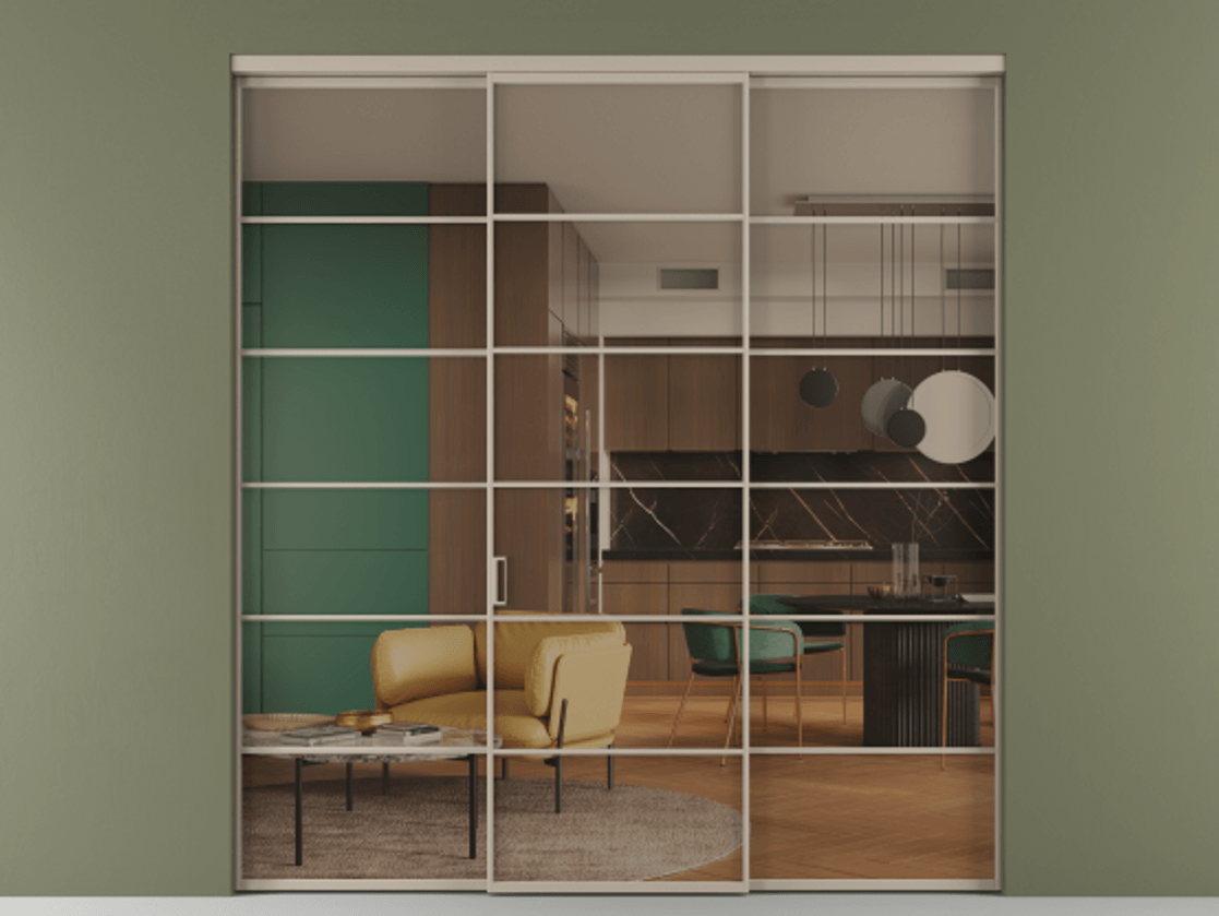 Перегородка Формато внутри проёма 3 створки АЛПР 040.04 Алюминий бисквитный Прозрачное бронзовое стекло, триплекс Цена 371030 сом | Volhovec