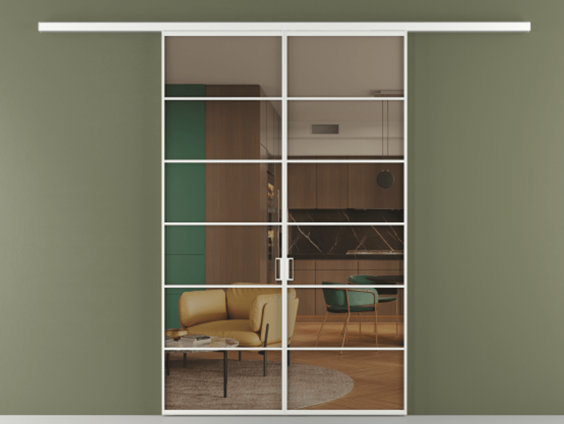 Перегородка Формато вдоль стены 2 створки АЛПР 040.04 Алюминий белоснежный Прозрачное бронзовое стекло, триплекс Цена 301610 сом | Volhovec